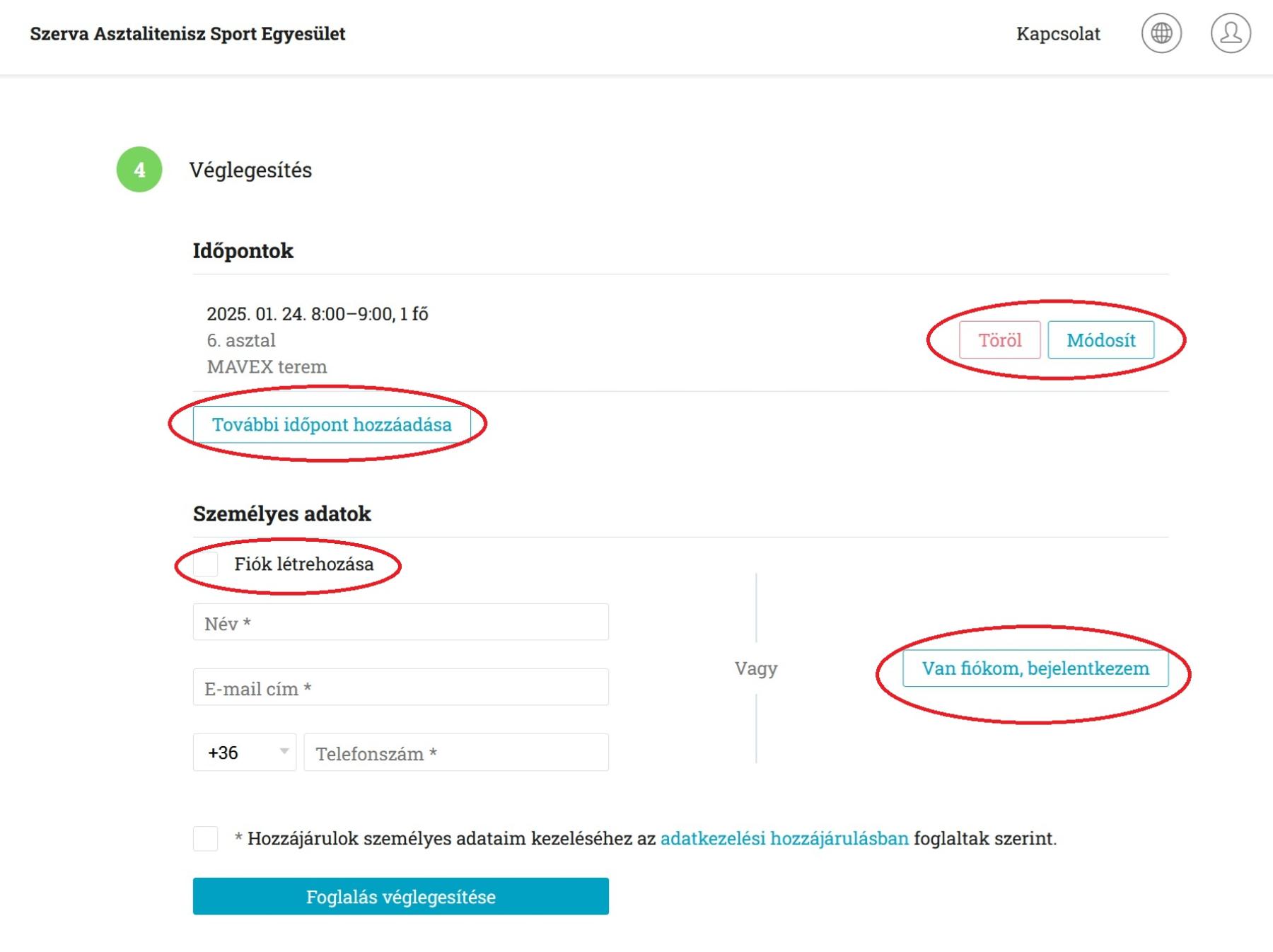 Screenshot Foglalas Veglegesites